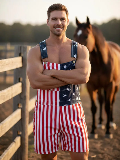 Flag Denim Overalls 4th of July Patriotic Stretch Romper for Men and Women