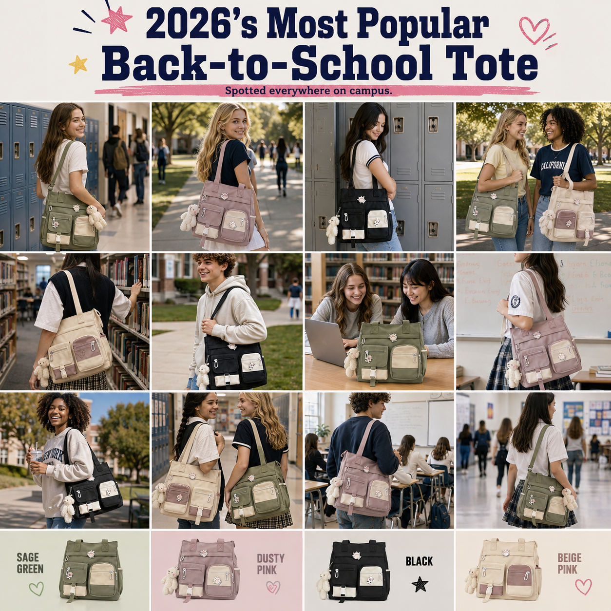 👜 Multi‑Pocket Canvas Tote Bag - Crossbody Shoulder Bag for School Work Travel