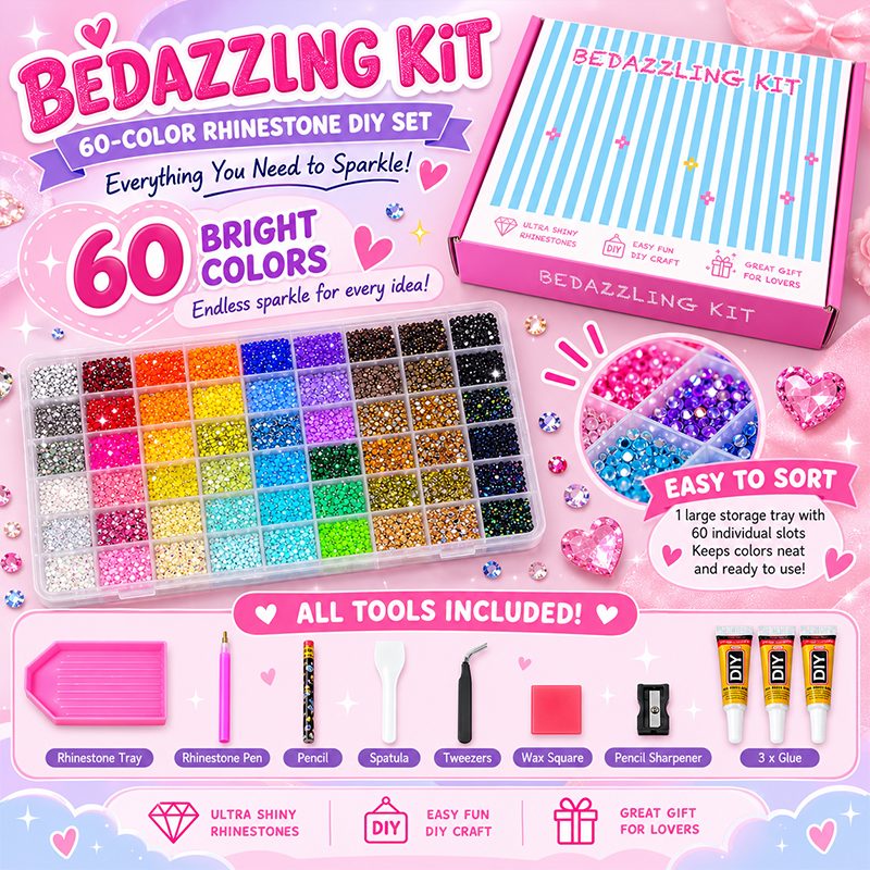 3mm Glitter Rhinestone Multi Pack Kit for Nail Art & DIY Crafts