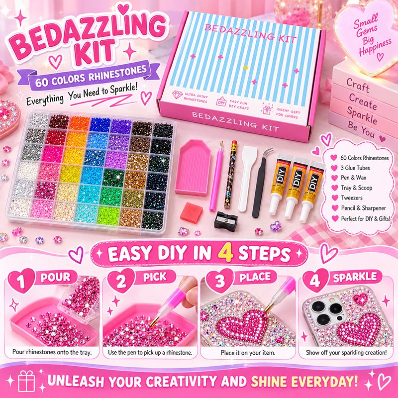 3mm Glitter Rhinestone Multi Pack Kit for Nail Art & DIY Crafts
