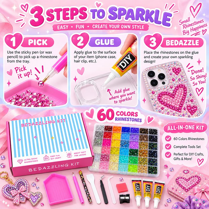 3mm Glitter Rhinestone Multi Pack Kit for Nail Art & DIY Crafts