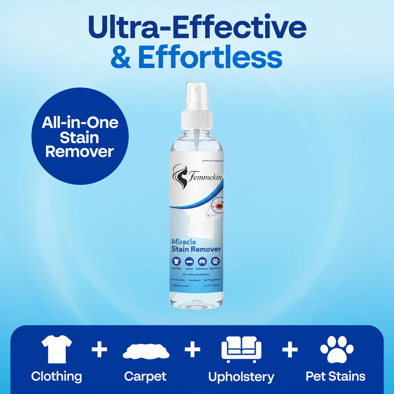 Femmekin Miracle Stain Remover Spray - Powerful All-in-One Cleaning for Clothing, Carpet, Upholstery & Pet Stains