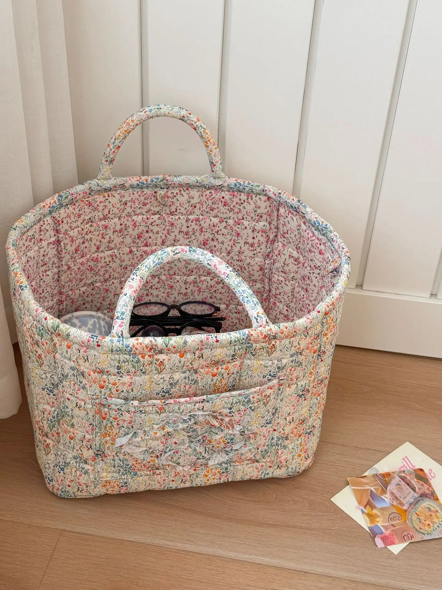 car Storage Basket, floral Fabric quilted basket for Clothes Toys & Blankets Car Trunk Organizer Backseat Storage Machine Washable  Large Capacity Woven Design room clutter  organization daily use item  summervibes 	 large capacity clothes