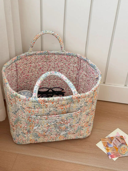 car Storage Basket, floral Fabric quilted basket for Clothes Toys & Blankets Car Trunk Organizer Backseat Storage Machine Washable  Large Capacity Woven Design room clutter  organization daily use item  summervibes 	 large capacity clothes
