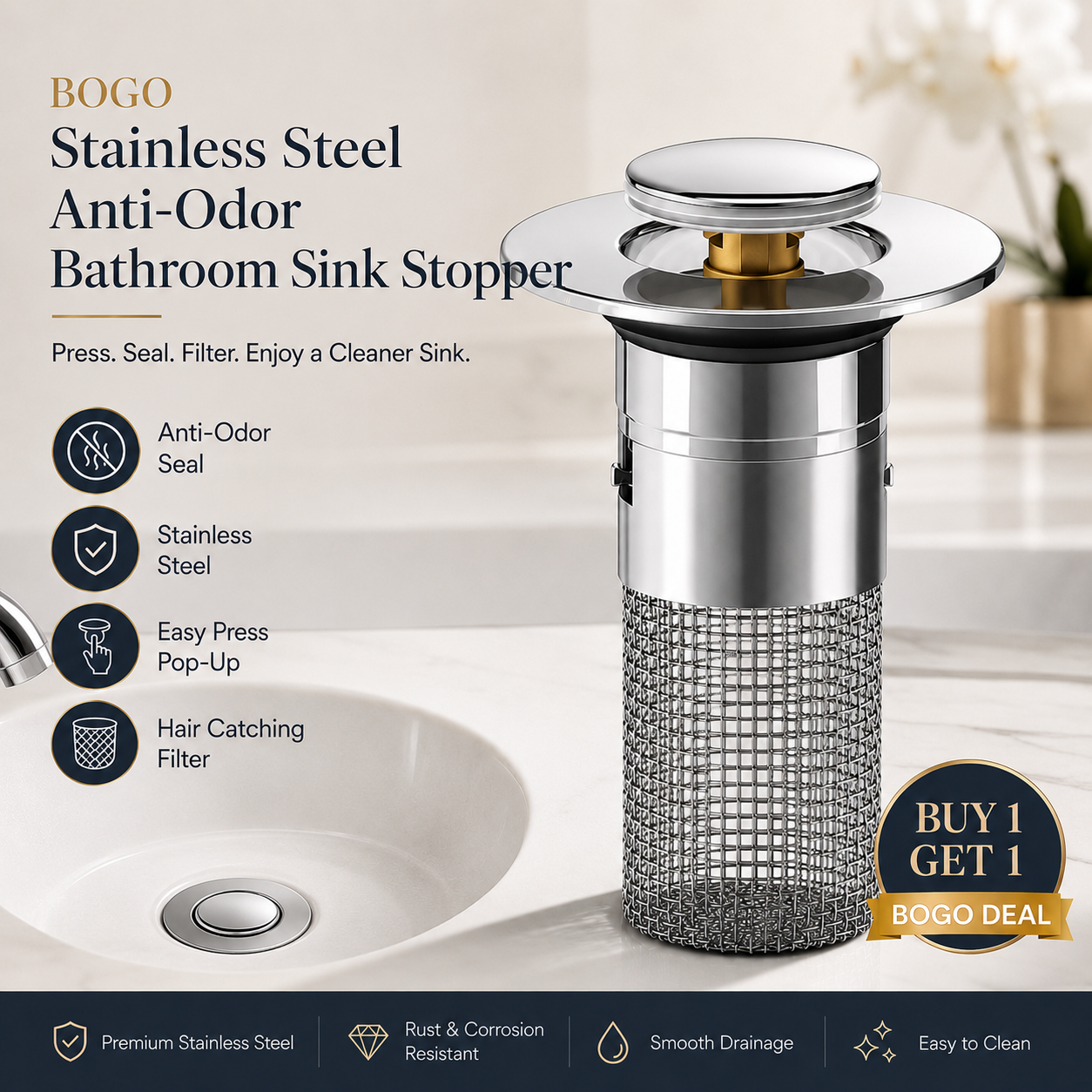 BOGO Stainless Steel Anti-Odor Bathroom Sink Stopper