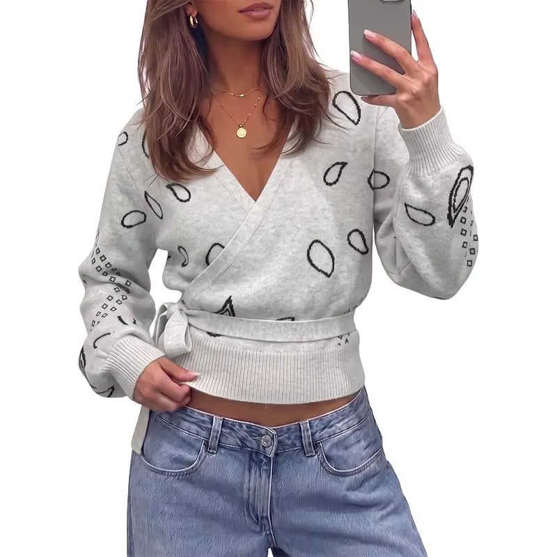 Fisoew Womens V Neck Wrap Cardigan Sweaters Casual Tie Belted Long Lantern Sleeve Slim Fit Knit Crop Pullover Tops SohoChic
