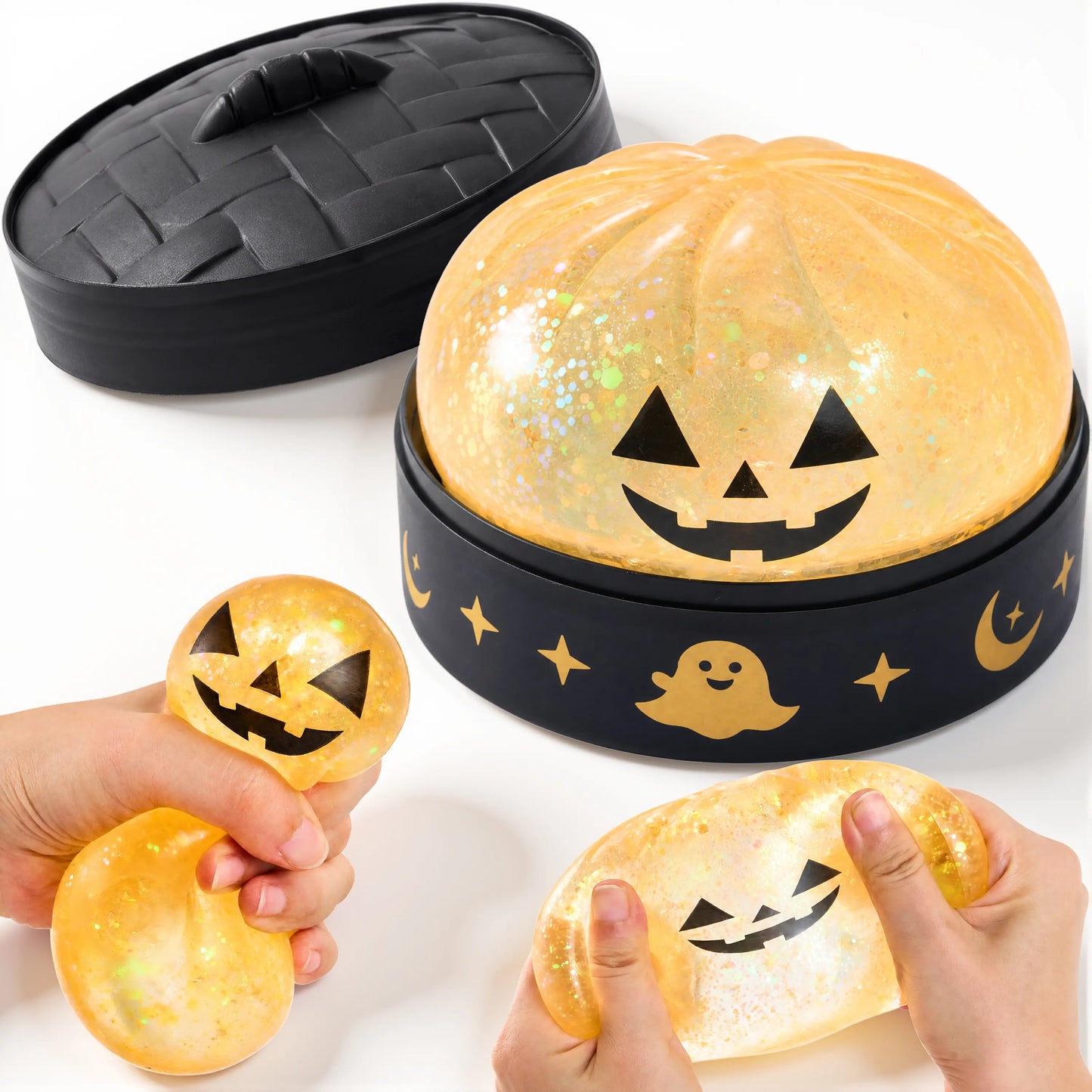 Halloween Dumpling Stress Relief Toys, 1pcs/3pcs/6pcs with Steamer Storage Boxes,Slow‑rebound maltose squishy toys, ideal for Halloween party gifts, featuring grimace pumpkin and little devil designs