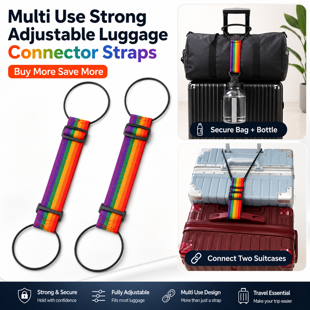 2-Pack Adjustable Rainbow Luggage Connector Straps