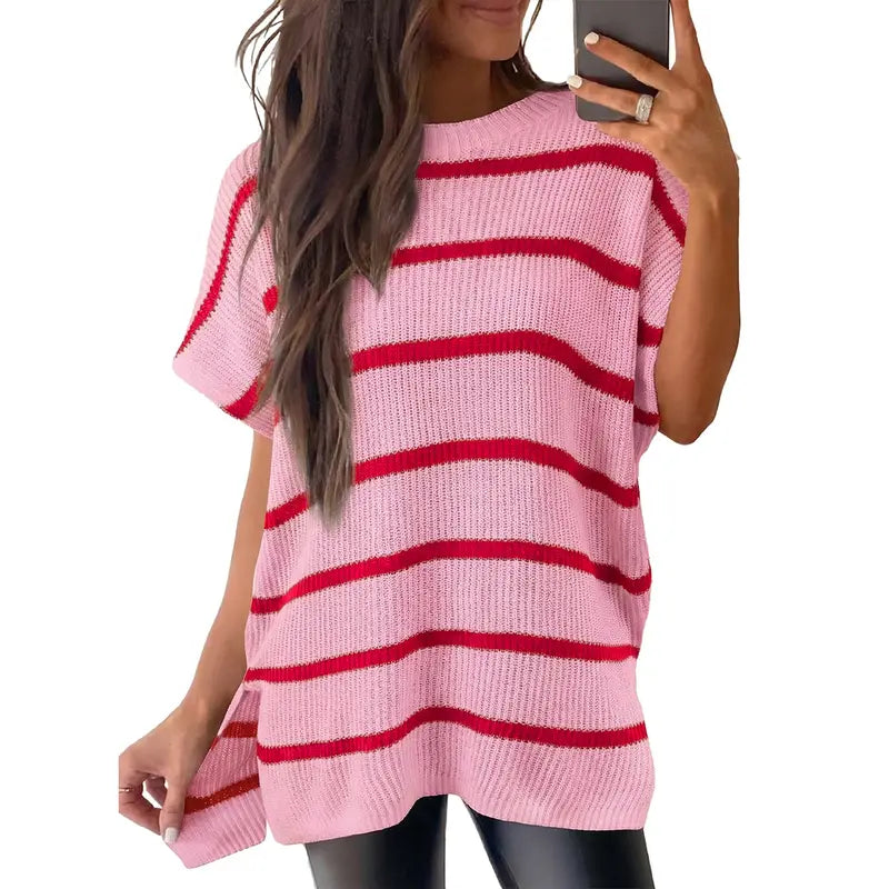 Shewin Women's Oversized Cotton Knit Sweater - Chic Soft New Year Knitwear, Casual Solid Pullover Top with Puff Short Sleeves, Round Neck, Side Slit for Work, Back-to-School,sohochic