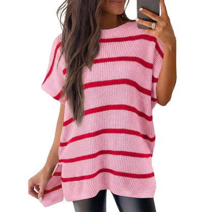 Shewin Women's Oversized Cotton Knit Sweater - Chic Soft New Year Knitwear, Casual Solid Pullover Top with Puff Short Sleeves, Round Neck, Side Slit for Work, Back-to-School,sohochic