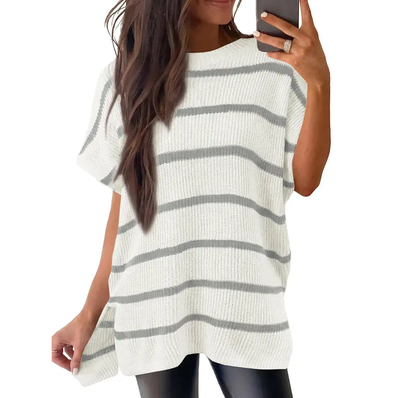 Shewin Women's Oversized Cotton Knit Sweater - Chic Soft New Year Knitwear, Casual Solid Pullover Top with Puff Short Sleeves, Round Neck, Side Slit for Work, Back-to-School,sohochic