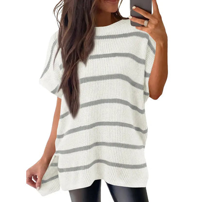 Shewin Women's Oversized Cotton Knit Sweater - Chic Soft New Year Knitwear, Casual Solid Pullover Top with Puff Short Sleeves, Round Neck, Side Slit for Work, Back-to-School,sohochic