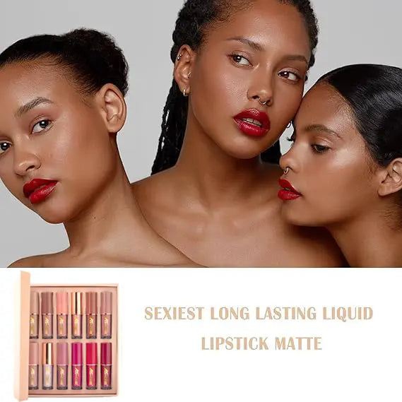12-Color Liquid Lipstick Gift Set with Matte Pearlescent Finish