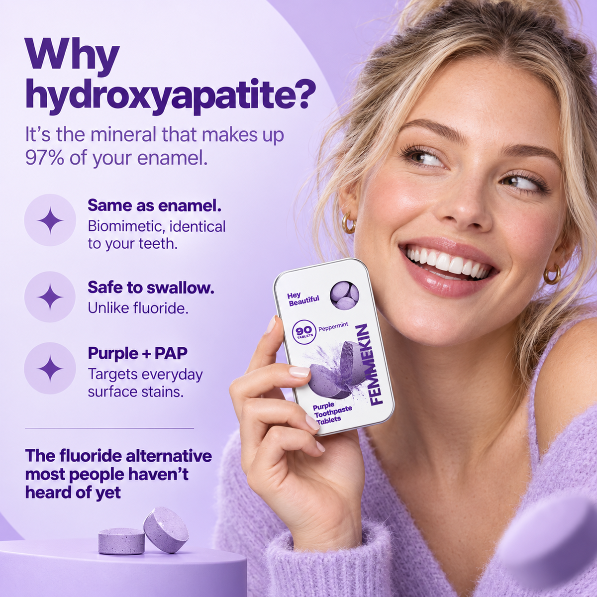 Purple Hydroxyapatite Toothpaste Tablets for Brightening & Oral Care