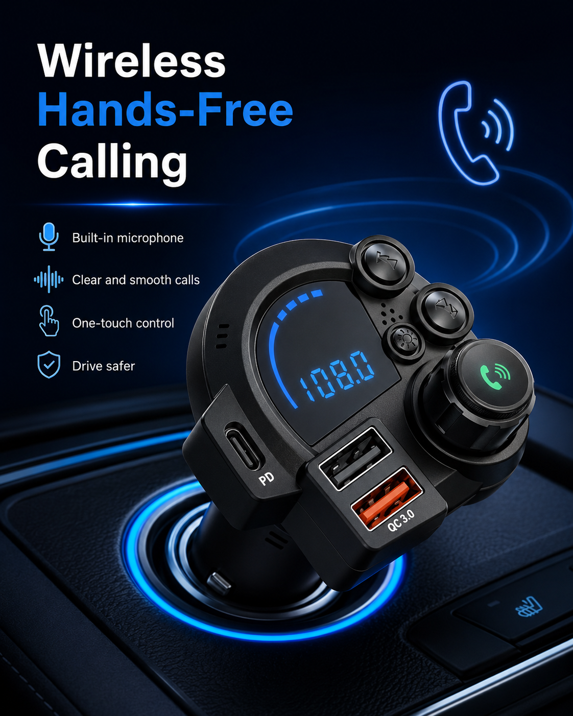 Bluetooth 5.3 Car FM Transmitter with Fast Charging & Hands-Free Calling