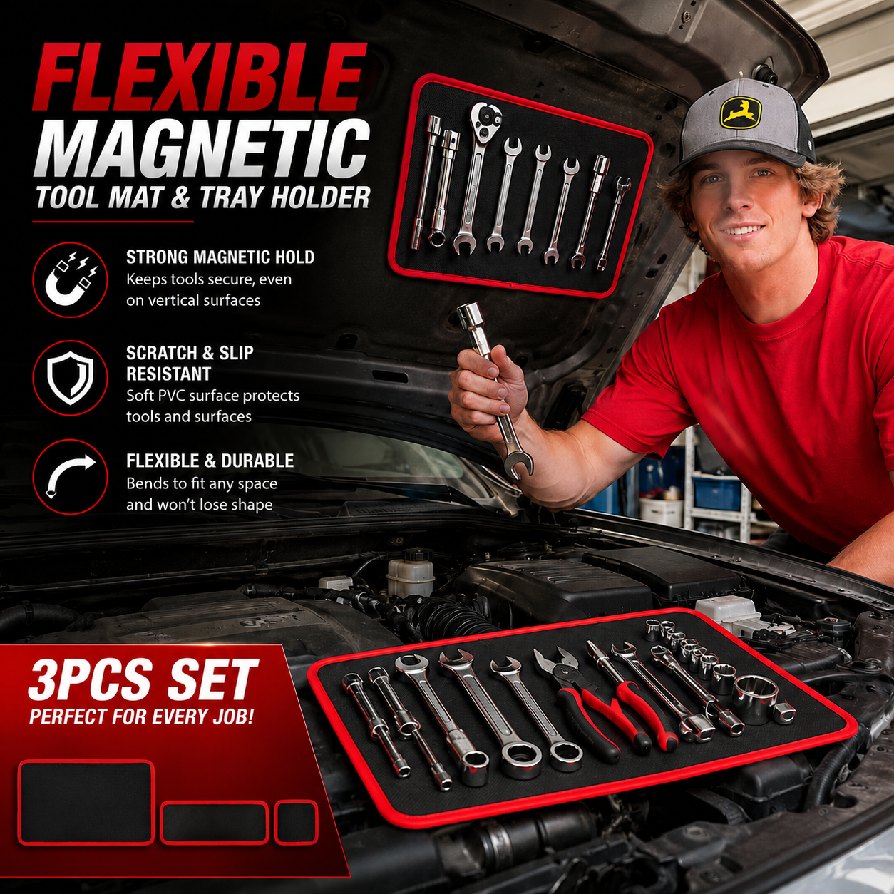 3PC Flexible Magnetic Tool Mat & Tray Holder