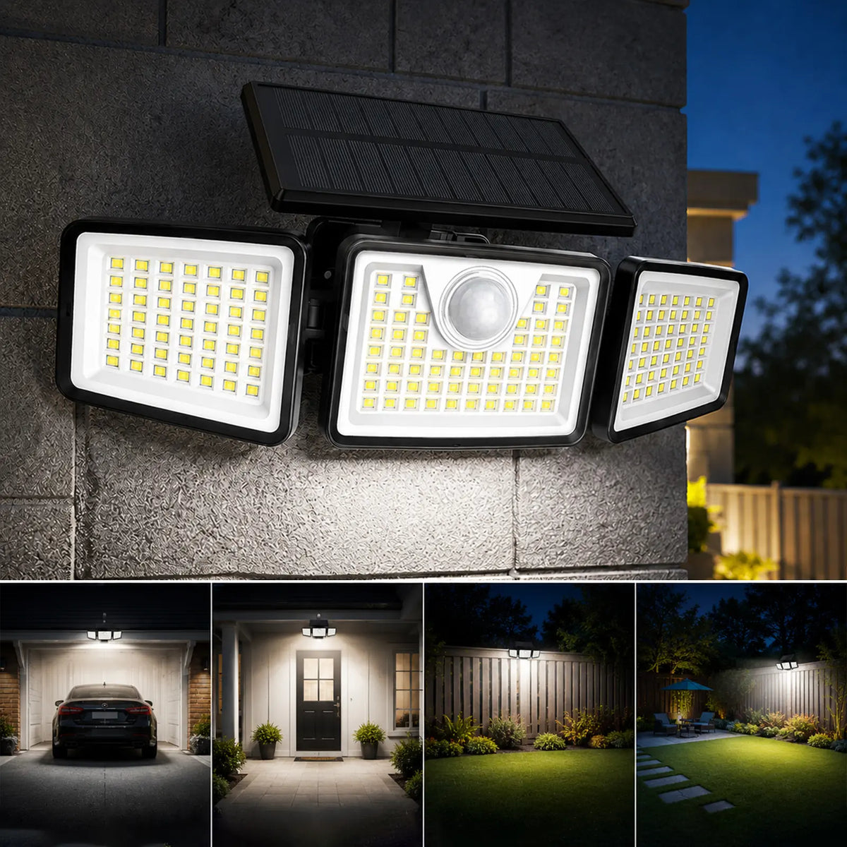 Daphino Solar Outdoor Security Spotlights, 2500LM 3-Head Dimmable Adjustable Wall Mount Lights with 3 Modes, IP65 Waterproof, 2 Years Warranty, for Garage, Festival Gift