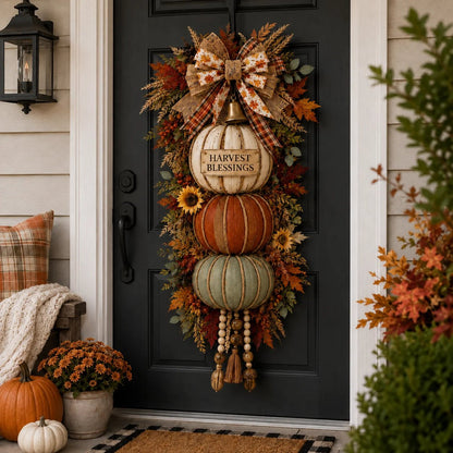 🏡🎃Lighted Stacked Pumpkin Fall Door Decor with 3 Seasonal Plaques