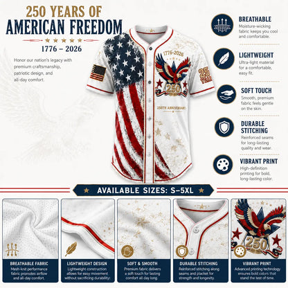 USA 250th Anniversary Baseball Jersey – Patriotic Eagle Button Shirt Plus Size Friendly