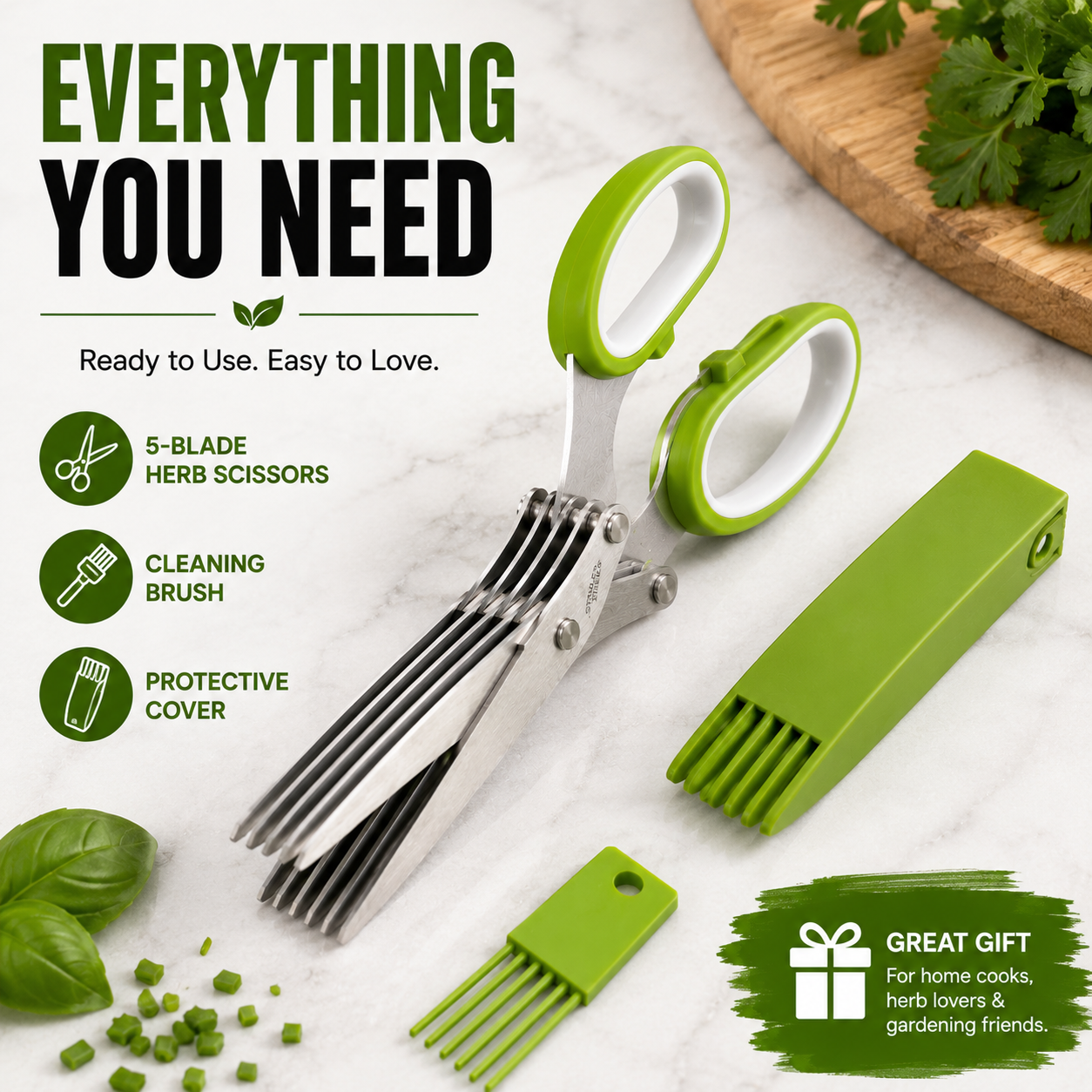 5 Blade Stainless Steel Herb Scissors with Cleaning Brush