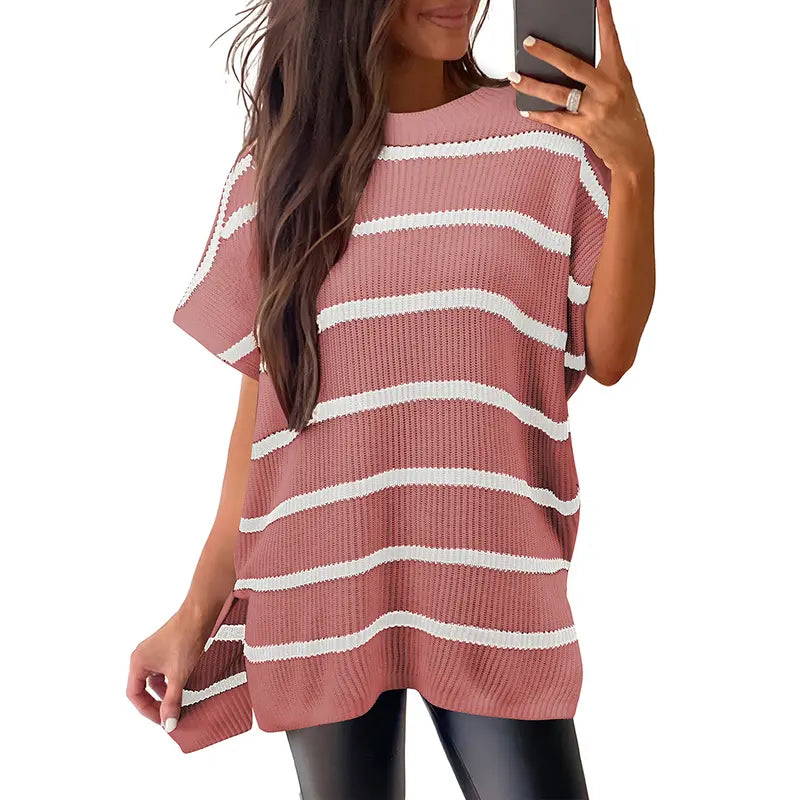 Shewin Women's Oversized Cotton Knit Sweater - Chic Soft New Year Knitwear, Casual Solid Pullover Top with Puff Short Sleeves, Round Neck, Side Slit for Work, Back-to-School,sohochic