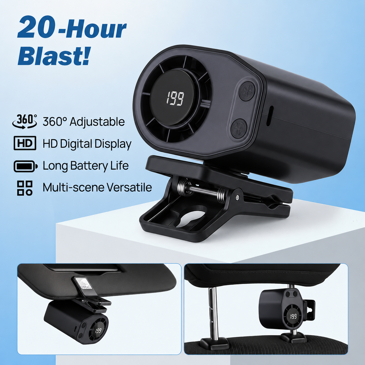 Car Clip Fan with 360° Rotation & USB Rechargeable