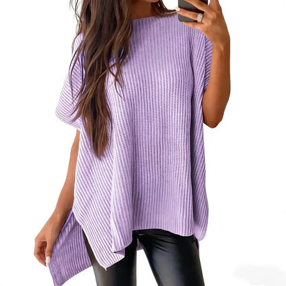 Shewin Women's Oversized Cotton Knit Sweater - Chic Soft New Year Knitwear, Casual Solid Pullover Top with Puff Short Sleeves, Round Neck, Side Slit for Work, Back-to-School,sohochic