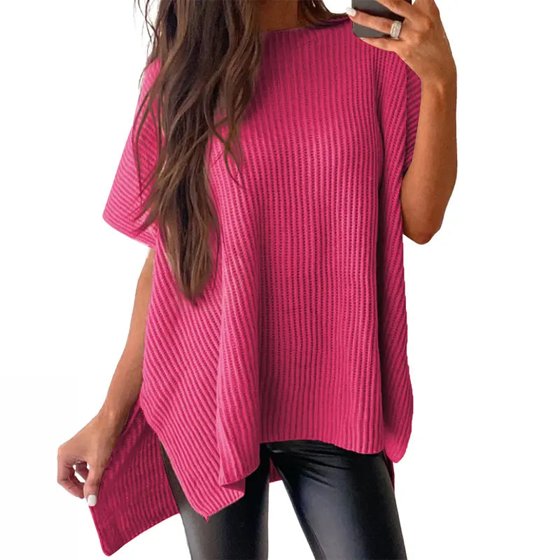 Shewin Women's Oversized Cotton Knit Sweater - Chic Soft New Year Knitwear, Casual Solid Pullover Top with Puff Short Sleeves, Round Neck, Side Slit for Work, Back-to-School,sohochic