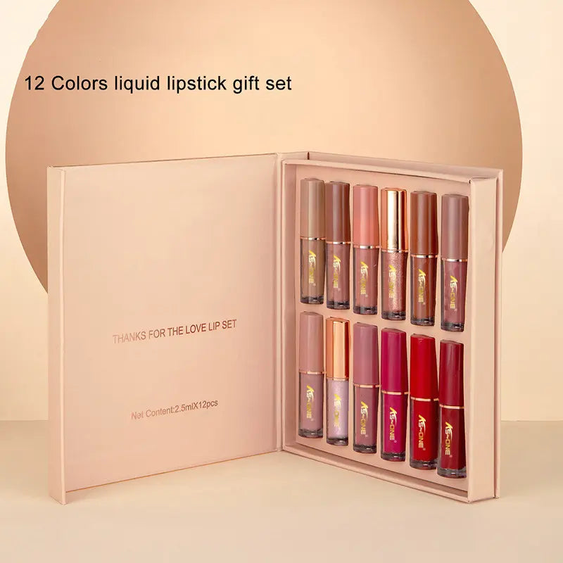 12-Color Liquid Lipstick Gift Set with Matte Pearlescent Finish
