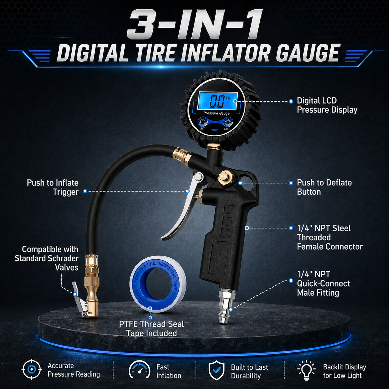 Digital Tire Pressure Gauge with Inflator – 250 PSI