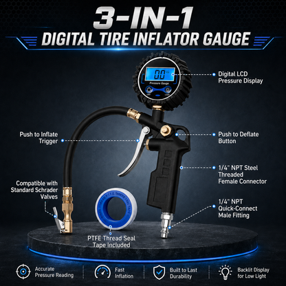 Digital Tire Pressure Gauge with Inflator – 250 PSI