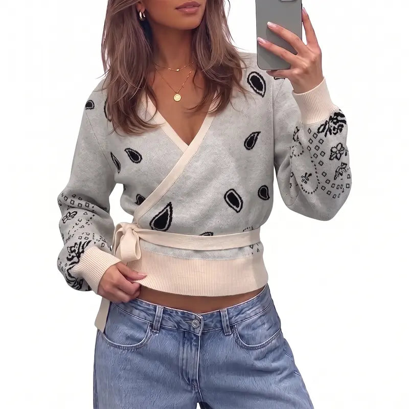 Fisoew Womens V Neck Wrap Cardigan Sweaters Casual Tie Belted Long Lantern Sleeve Slim Fit Knit Crop Pullover Tops SohoChic