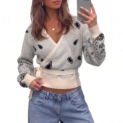 Fisoew Womens V Neck Wrap Cardigan Sweaters Casual Tie Belted Long Lantern Sleeve Slim Fit Knit Crop Pullover Tops SohoChic