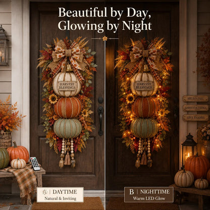 🏡🎃Lighted Stacked Pumpkin Fall Door Decor with 3 Seasonal Plaques