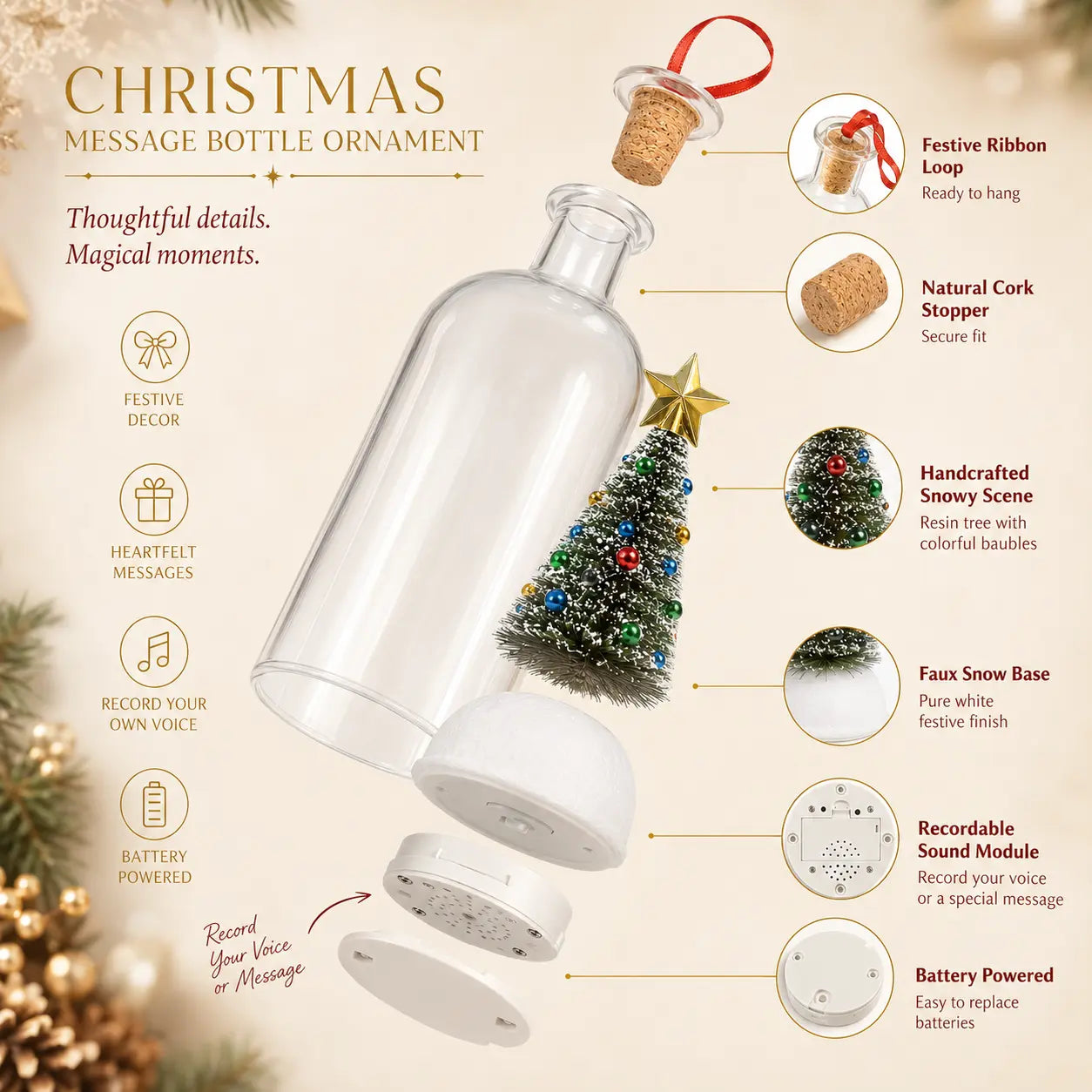 RUXACTY Recordable Christmas Message in a Bottle Ornament 8 Inch Voice Recording Holiday Keepsake with Playback Snowy Christmas Tree Scene Glass Bottle Decoration for Tree Home and Gift,back to school,back to school haul