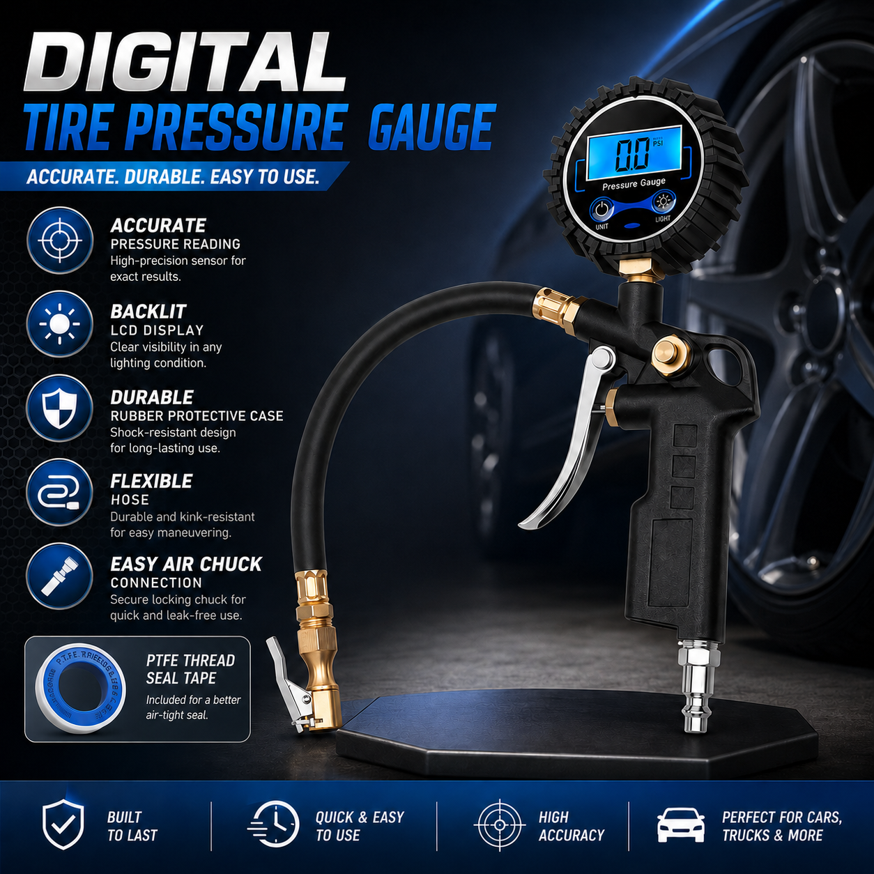 Digital Tire Pressure Gauge with Inflator – 250 PSI