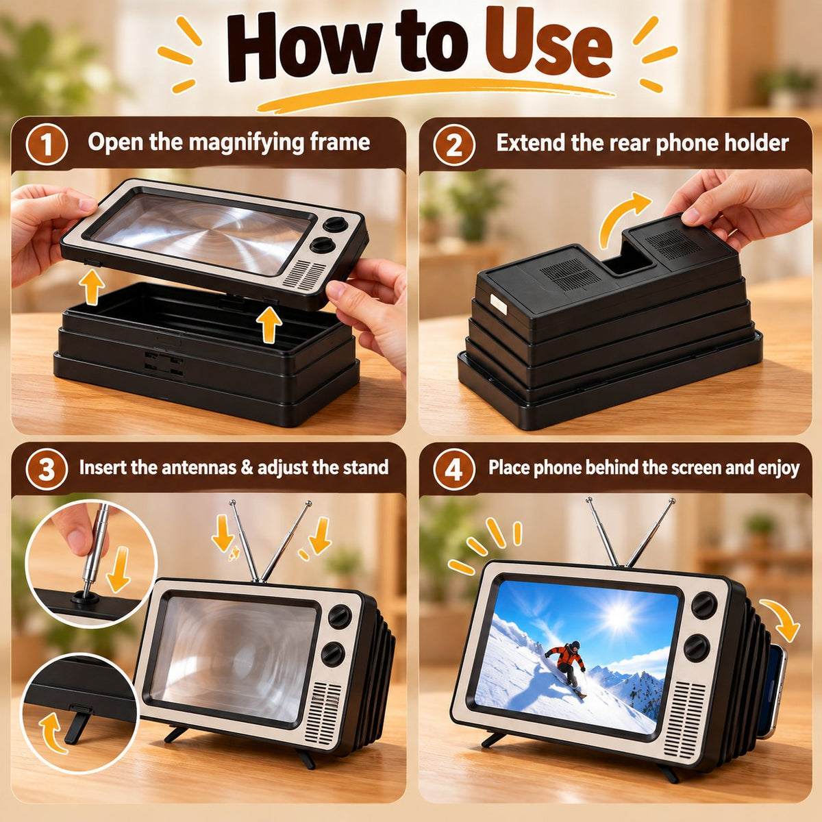 📺 Retro TV Phone Screen Magnifier – Foldable 3D Video Enlarger & Desktop Stand
