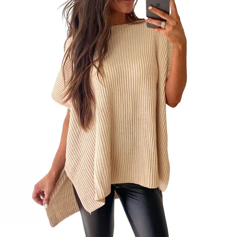 Shewin Women's Oversized Cotton Knit Sweater - Chic Soft New Year Knitwear, Casual Solid Pullover Top with Puff Short Sleeves, Round Neck, Side Slit for Work, Back-to-School,sohochic