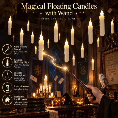 Magical Floating Candles with Wand - Flickering Taper Flameless Hanging Candles for Christmas, Halloween, Birthday Parties, Home Decor, and Gifts