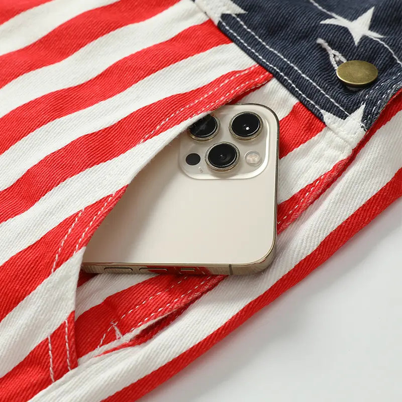Flag Denim Overalls 4th of July Patriotic Stretch Romper for Men and Women