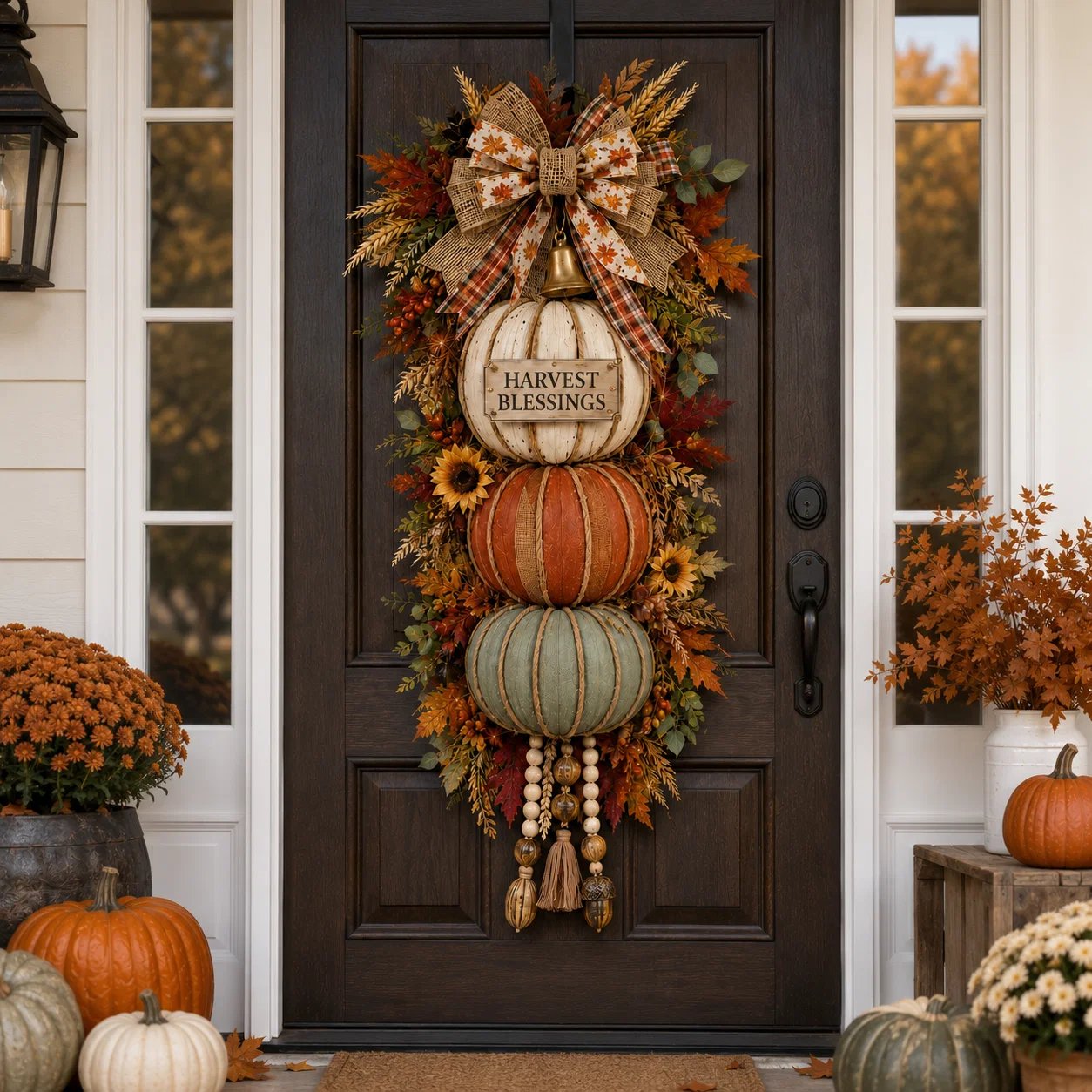 🏡🎃Lighted Stacked Pumpkin Fall Door Decor with 3 Seasonal Plaques