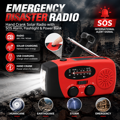 🔋 Multifunctional Solar Emergency Radio – Hand Crank, Power Bank & Weather Alerts