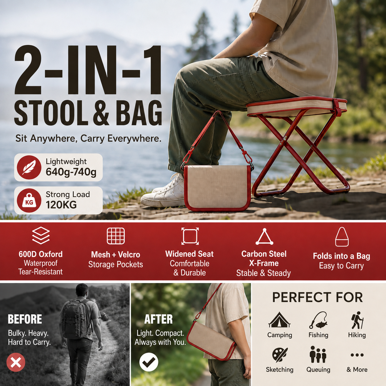 2 in 1 Portable Folding Outdoor Chair & Carry Bag