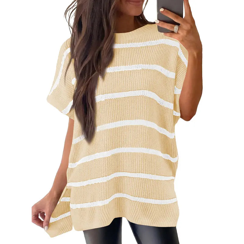 Shewin Women's Oversized Cotton Knit Sweater - Chic Soft New Year Knitwear, Casual Solid Pullover Top with Puff Short Sleeves, Round Neck, Side Slit for Work, Back-to-School,sohochic