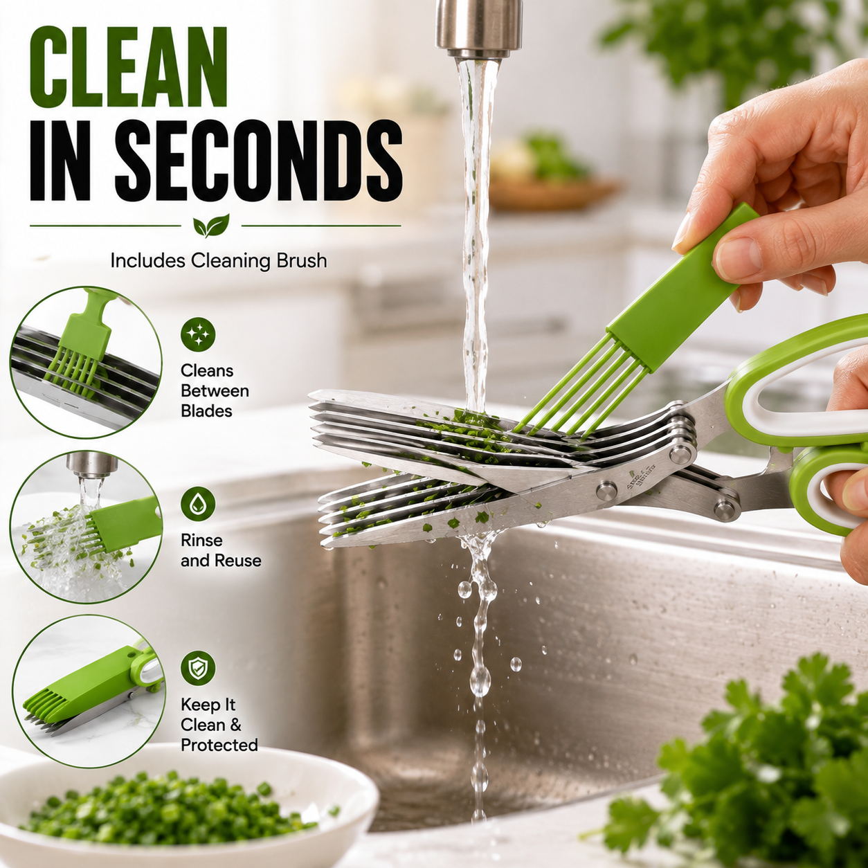 5 Blade Stainless Steel Herb Scissors with Cleaning Brush