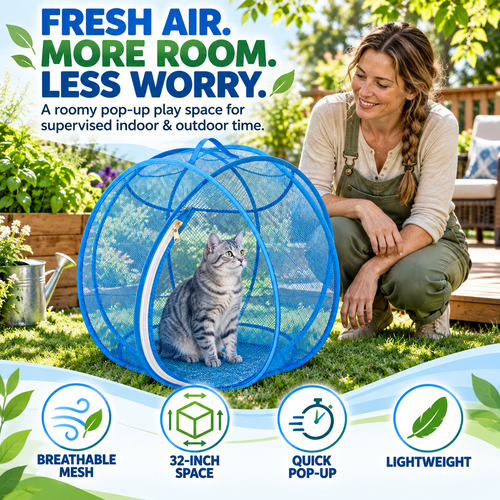 🐱 Pop Up Cat Playpen | 28-Inch Breathable Mesh Enclosure for Indoor & Outdoor Use 🌿