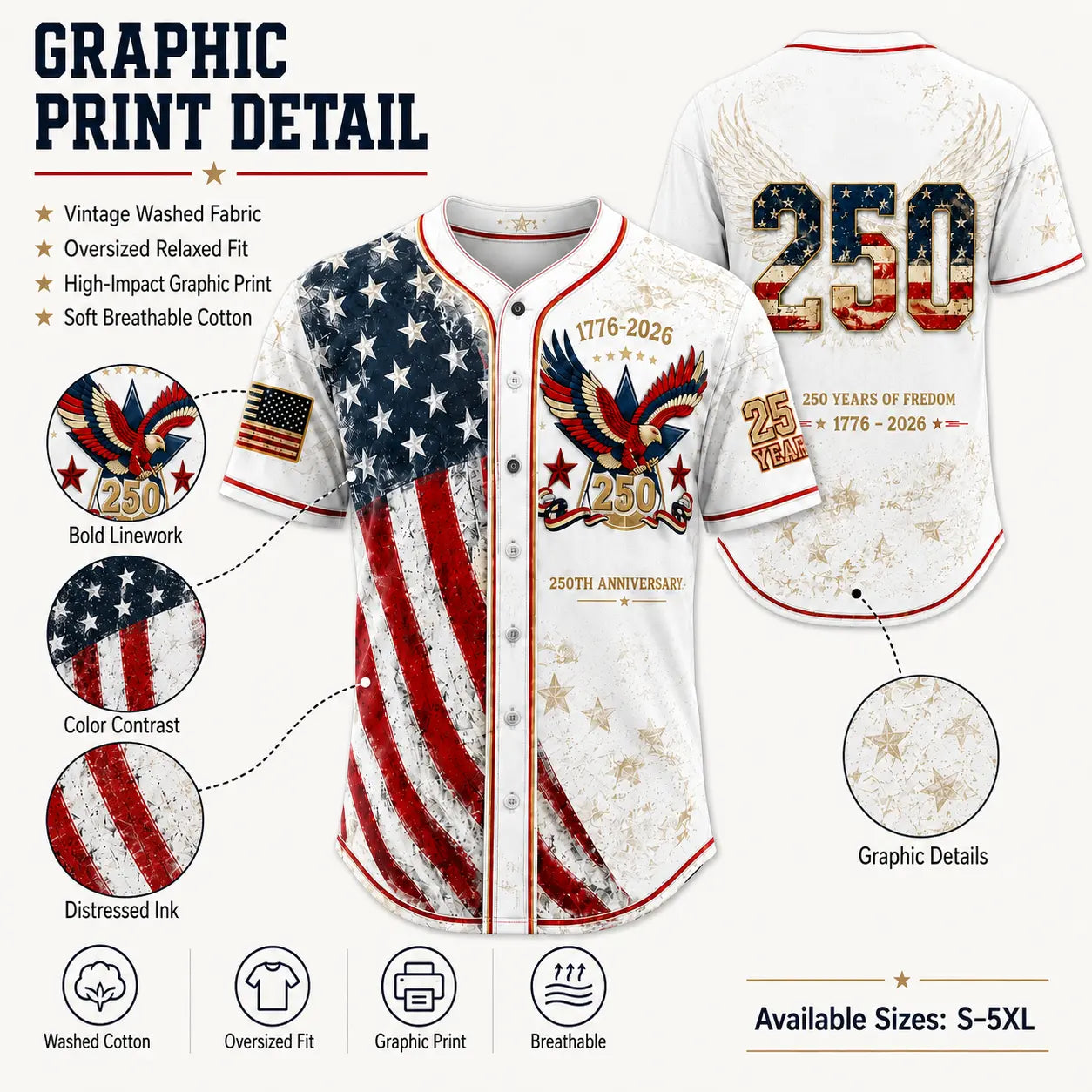 USA 250th Anniversary Baseball Jersey – Patriotic Eagle Button Shirt Plus Size Friendly