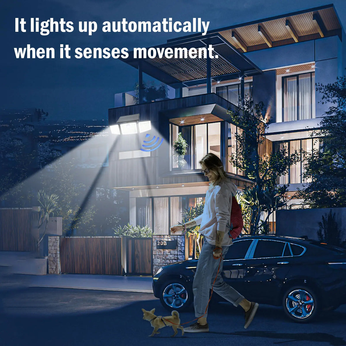 Daphino Solar Outdoor Security Spotlights, 2500LM 3-Head Dimmable Adjustable Wall Mount Lights with 3 Modes, IP65 Waterproof, 2 Years Warranty, for Garage, Festival Gift