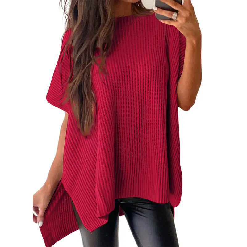 Shewin Women's Oversized Cotton Knit Sweater - Chic Soft New Year Knitwear, Casual Solid Pullover Top with Puff Short Sleeves, Round Neck, Side Slit for Work, Back-to-School,sohochic