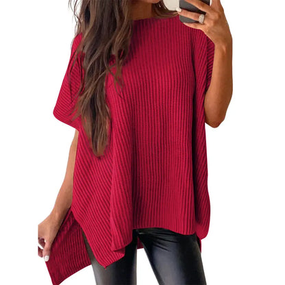 Shewin Women's Oversized Cotton Knit Sweater - Chic Soft New Year Knitwear, Casual Solid Pullover Top with Puff Short Sleeves, Round Neck, Side Slit for Work, Back-to-School,sohochic